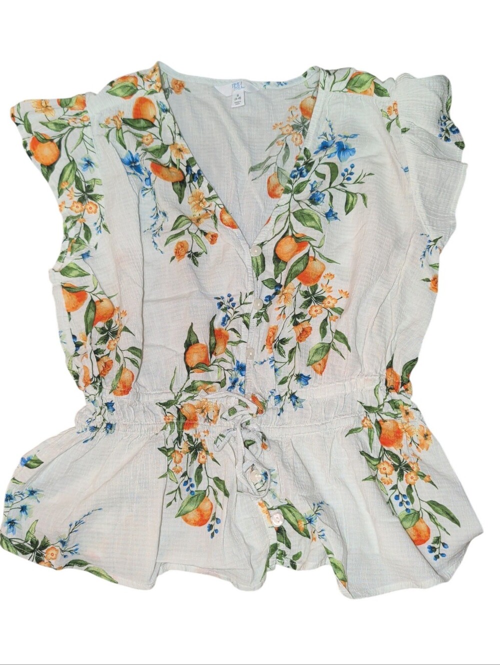 Time and Tru Cream Floral V-Neck Peplum Blouse with Orange Print